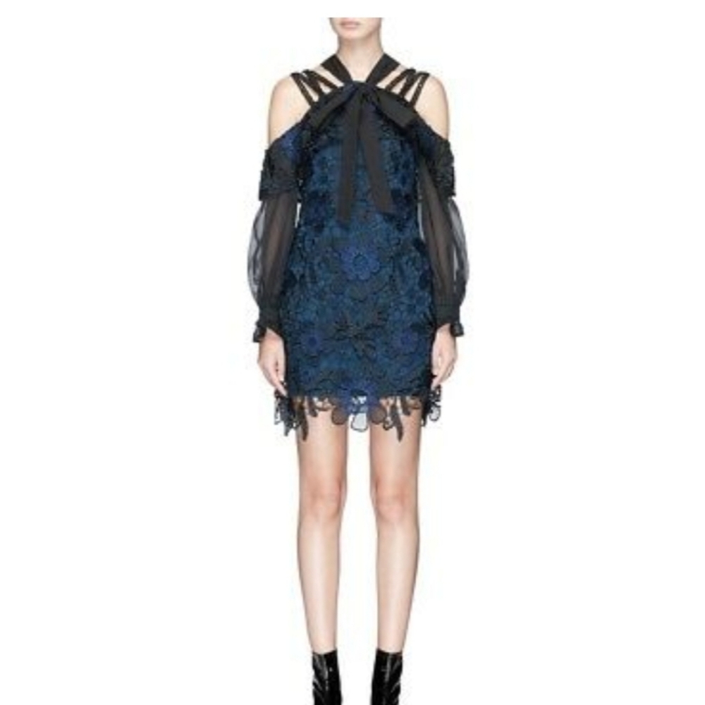 SELF PORTRAIT Navy Black 3D Guipure Lace Dress